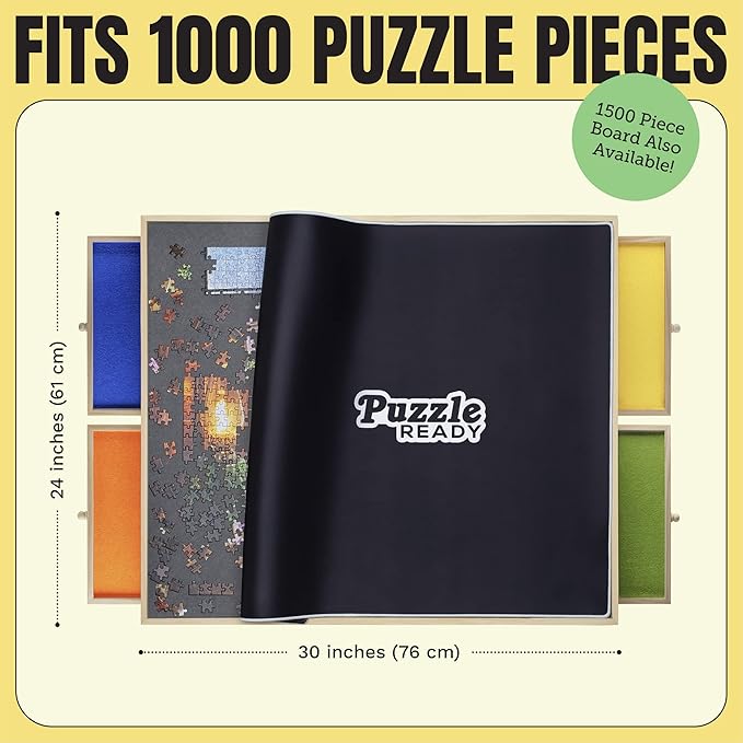 Puzzle Ready Puzzle Board with Drawers & Cover - 1000 Pieces Wooden Jigsaw Puzzle Table Mat with Lazy Susan Spinning Cover & Colorful Sorting Trays for Family - 24”x 30”