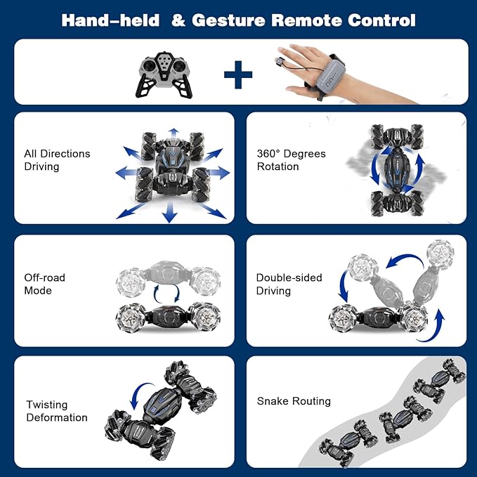 Gesture Sensing RC Stunt Car, Boys Toys Age 6-8 8-13, 4WD Remote Control Car with Rotation, Drift, Transform, Colorful Light, Music, Birthday Gift for Boy Age 5-7 8-13