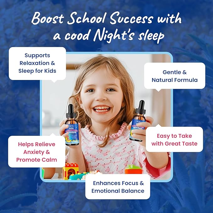 Kids Magnesium Glycinate Liquid with L-Theanine Omega-3, Vitamin B6, D3, Zinc, Magnesium Liquid Drops for Kids Sleep, Relaxation, Calm & Focus, 2 Fl Oz Pineapple Flavor