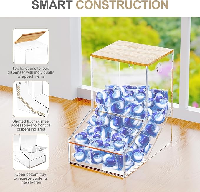 TCJJ Acrylic Laundry Pods Container & Dishwasher Pods Holder - Wall Mountable & Freestanding Dispenser with 2 Lids for Powder, Dryer Balls, Beads - Sturdy 3mm Clear Acrylic Design Fits Any Home Decor