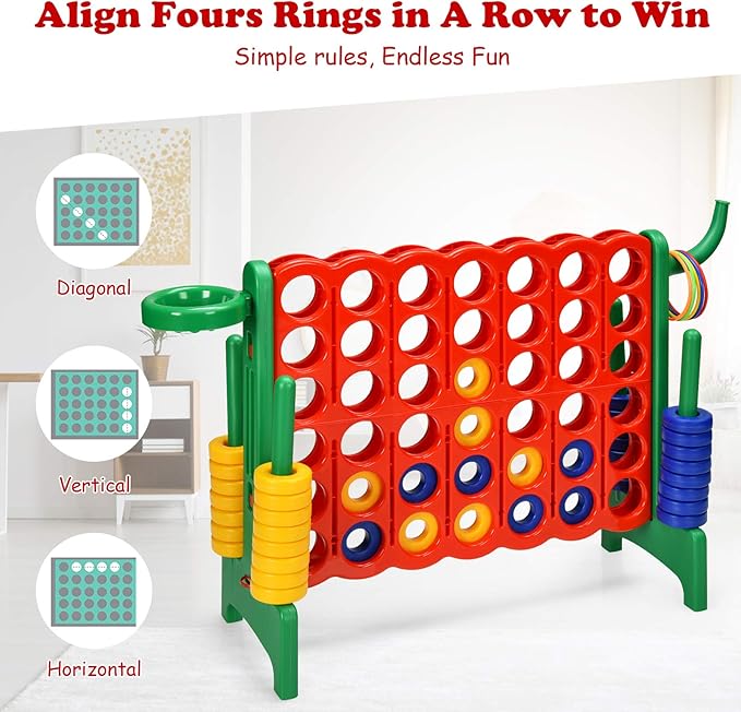 Costzon Giant 4-in-A-Row, Jumbo 4-to-Score Giant Game w/Basketball Hoop, Ring Toss, Quick-Release Slider, 42 Jumbo Rings, Indoor Outdoor Family Connect Game for Kids & Adults, Backyard Games, Green