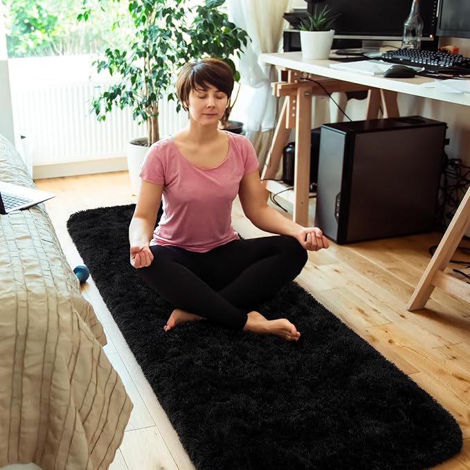 Amearea Shag Fluffy Area Rug for Bedroom Girls Living Room, Extra Soft and Fuzzy Shaggy Rugs, Non Slip, Solid Color Carpet Mat for Boys Nursery Home, Black 2x6 Feet