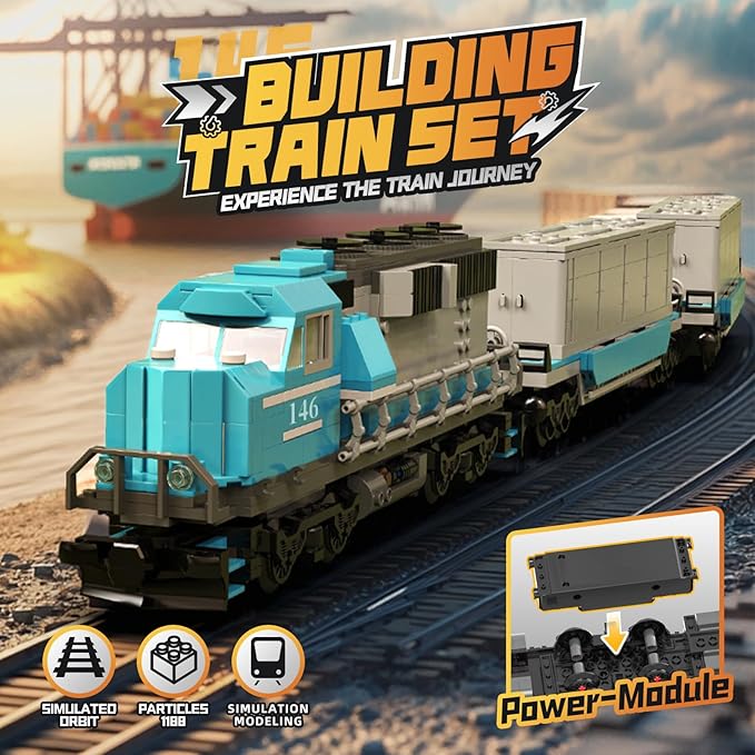 Train Building Block Set, Freight Cargo Internal Combustion Locomotive Model Building Toys, Gift for Kids Age 8+/Adult (1078 Pieces, with 32 Rails and Rechargeable Motor)