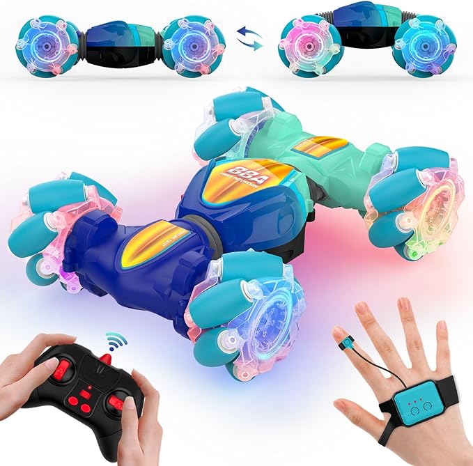 Remote Control Car, Gesture Sensor RC Stunt Cars Toys for Boys Girls Age 6 7 8 9 10 11 12+ Years Old, 2.4GHz 4WD 360° Flips Off Road RC Vehicle Toy with Lights/Music, Best Gifts for Kids, Blue