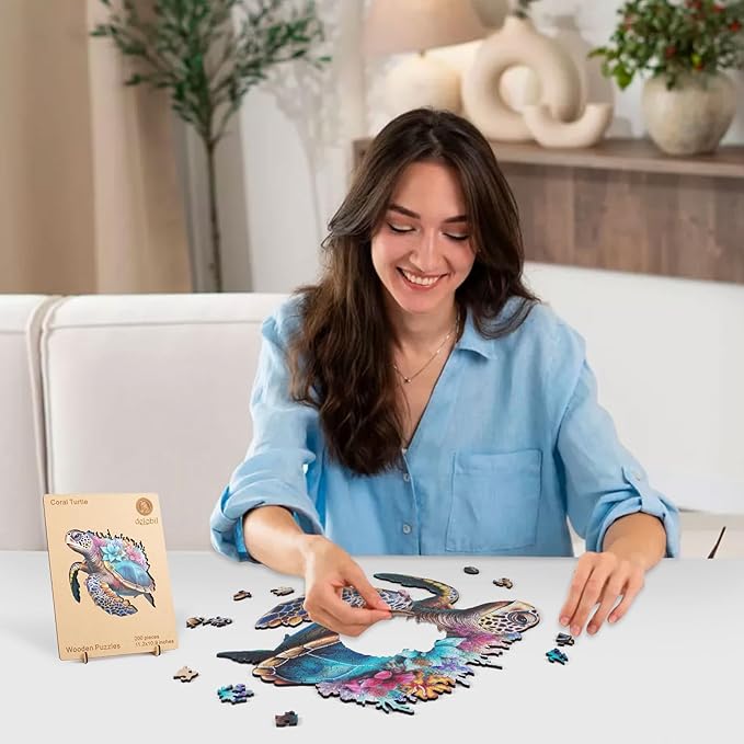 Wooden Puzzles for Adults, Coral Sea Turtle Jigsaw Puzzles 500 Piece, Unique Shape Puzzles for Adults and Kids, Fun Challenging Puzzles Family Game Gift, Royal Size 16.7 x 16.3 Inches