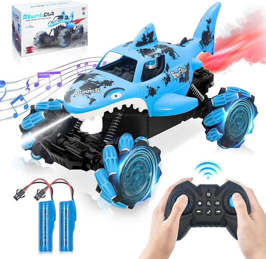 Ansee RC Cars for Kids, Shark Remote Control Car for Boys, 2.4GHz 360 Flips Rotating All Terrains RC Truck with Water Shooting, Sound & Spray Remote Control Truck Toys for Boys Girls Gifts (Blue)