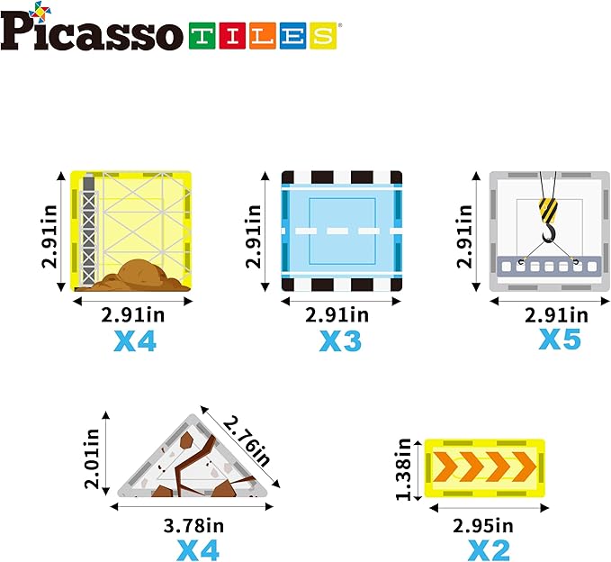 PicassoTiles Magnet Tile Building Blocks Printed Construction Themed Toy Set with 8 Character Action Figure Vehicles Magnetic Tiles STEM Brain Development Learning Toys for Toddlers Kids Ages 3+ PTQ21