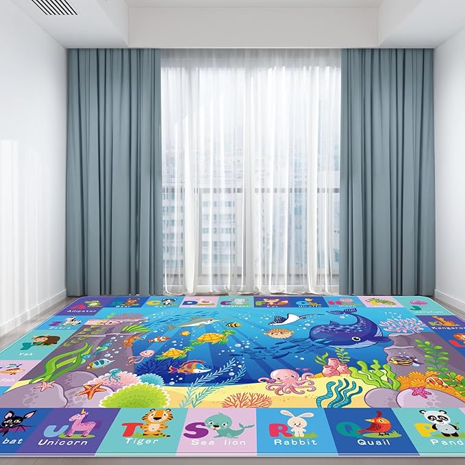 Baby Mat for Floor, Kids Play Rug, Playmat Crawling Tummy Time Mat, Non-Toxic Non-Slip Foldable Rugs Playroom (Sea Animals, 110.2X78.7 INCH) Blue