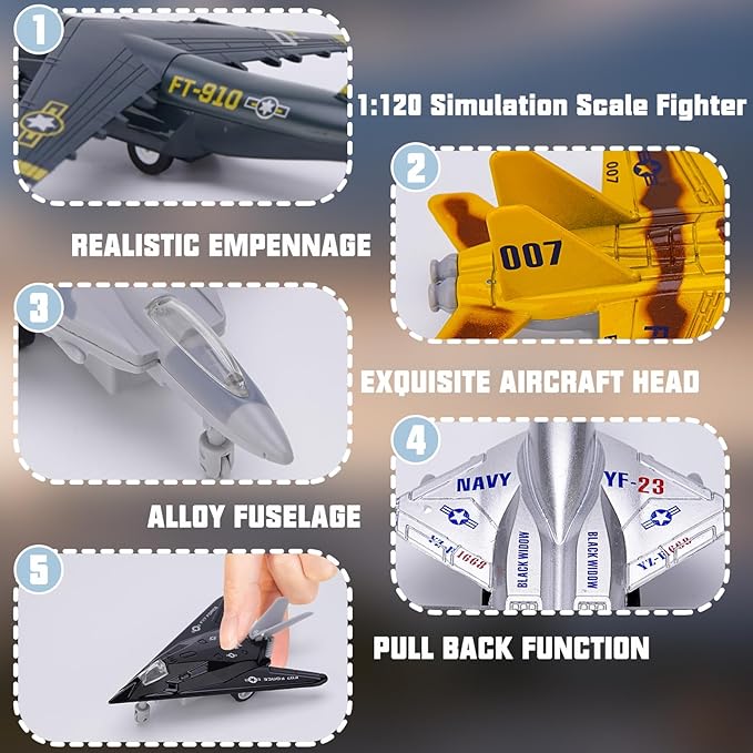 5 Pack Army Navy Airplane Toys Set with Light & Sounds, Military Fighter Jet Die Cast Plane Metal Aircraft Toy, Pull Back Aircraft Gift for Kids Toddlers Boys Girls Ages 3+