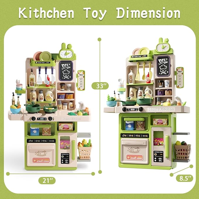 Kids Kitchen Playset Set, 63PCS Pretend Play Kitchen Toys for Toddlers, Cooking Stove with Steam Sound Light, Play Sink with Manual Faucet, Play Food Accessories Gift for Boys, 33’’H Green