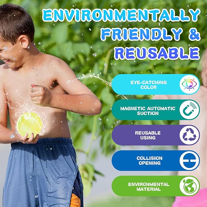 12 Pcs Reusable Water Balloons for Kids Age 3+ Outside Games, Summer Beach Pool Water Toys for Toddler Boys and Girls, Silicone Quick Fill Sealing Magnetic Bomb Balls-WB