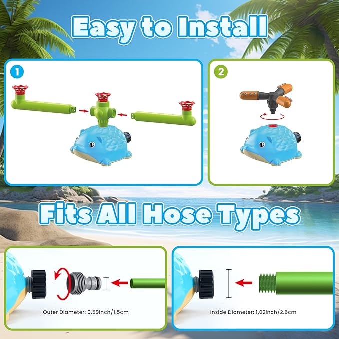Hedgehog 3-in-1 Sprinkler Baseball Ball Toy Summer Water Toys Outdoor T-Ball Kids Play Sprinkler, Hedgehog Spinning Sprinkler with 3 Jets, 3 Baseballs, 1 Retractable Bat Summer Outdoor Game