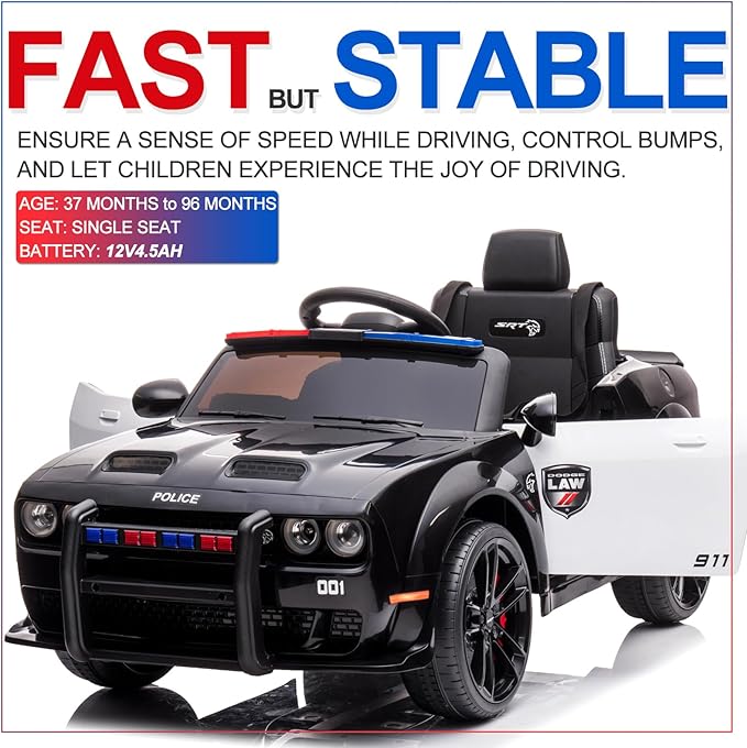Kids Electric Car | Licensed Dodge Challenger Ride-On 12V Battery-Powered Vehicle with Remote, LED Lights, Bluetooth, MP3 for Boys and Girls, Police