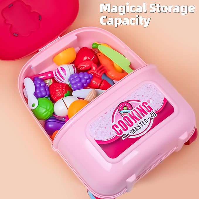 Awsoo Play Kitchen Set for Toddlers 3-5, Portable Play Kitchen with with Rolling Suitcase to Storage Plenty Toys Food, Interactive Pretend Play Toy Kitchen for Kids 3 4 5 6