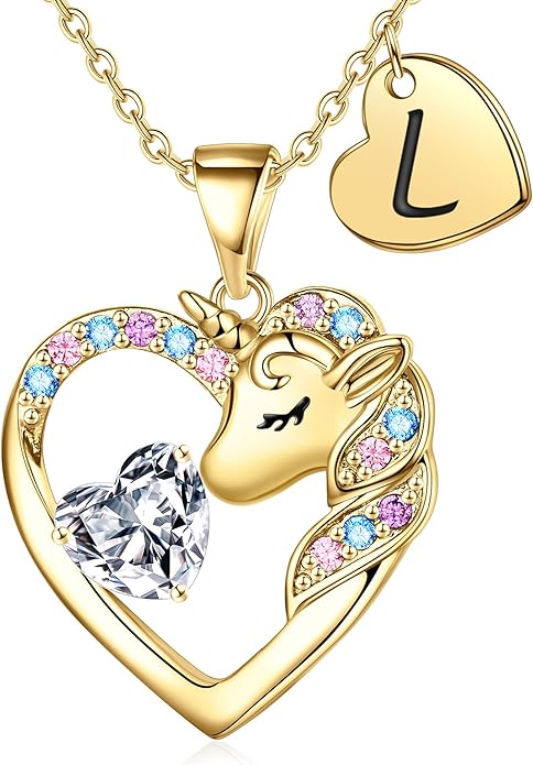 Necklace for Girls Kids Gifts - Colorful CZ Heart Initial Necklaces Unicorn Necklace for Girls Jewelry Birthday Graduation Gifts for Little Girl Kids