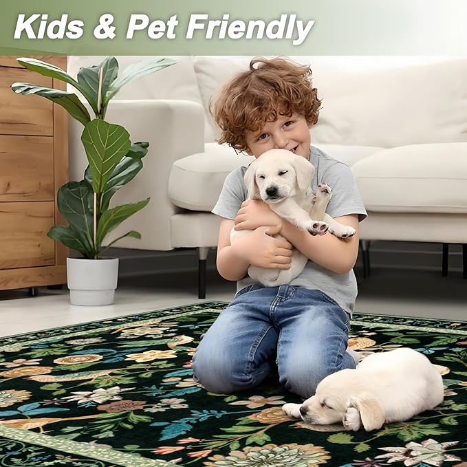 Floral Washable 5x7 Area Rug, Boho Birds Black/Green Rugs for Living Room Soft Non-Slip Vintage Flower Bedroom Rug, Low Pile Botanical Indoor Carpet for Nursery Playroom Dining Room