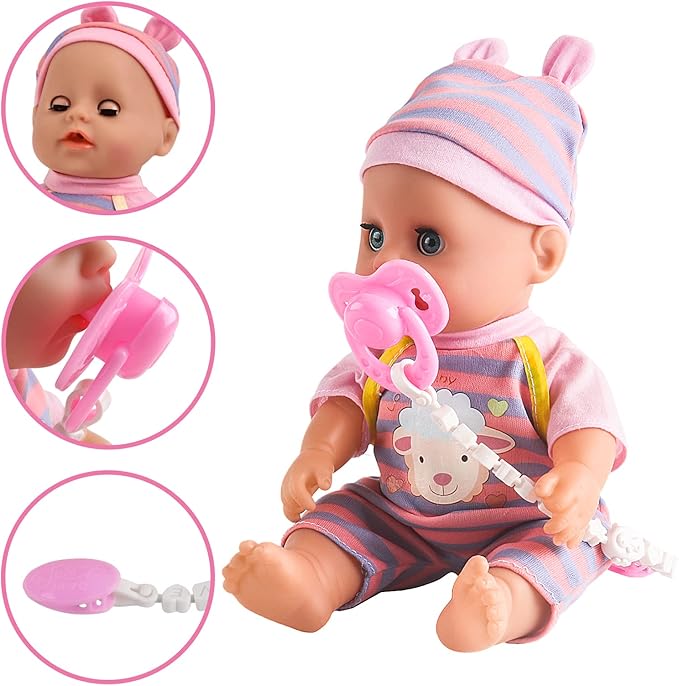 deAO 12” Baby Doll Play Set with Crib, Mobile, High Chair Feeding Accessories, Interactive Dolls for Girls Kids Pretend Play Baby Dolls 21 PCS