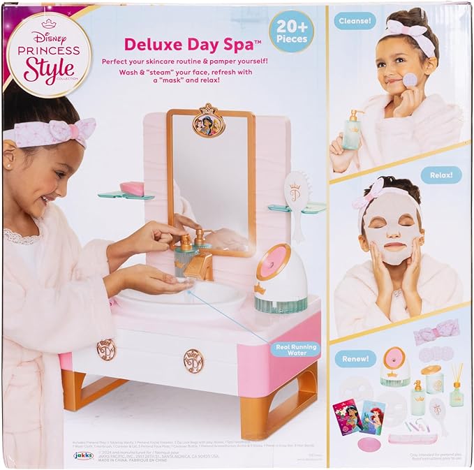 Disney Princess Style Collection Girls Deluxe Day Spa with Realistic Steamer, Play Skincare Essentials & Real Running Water, 20+ Pieces