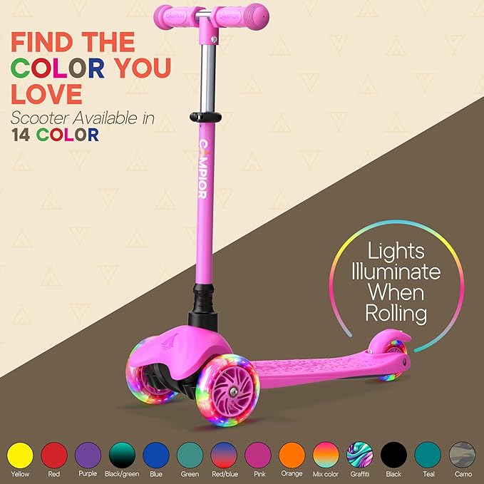 Pink Mini 3 Wheel Scooter for Kids – Lean-to-Steer with LED Light-Up Wheels, Adjustable Handlebar, Wide Anti-Slip Deck, Smooth PU Wheels, Rear Foot Brake – Toddler Scooter for Ages 2+