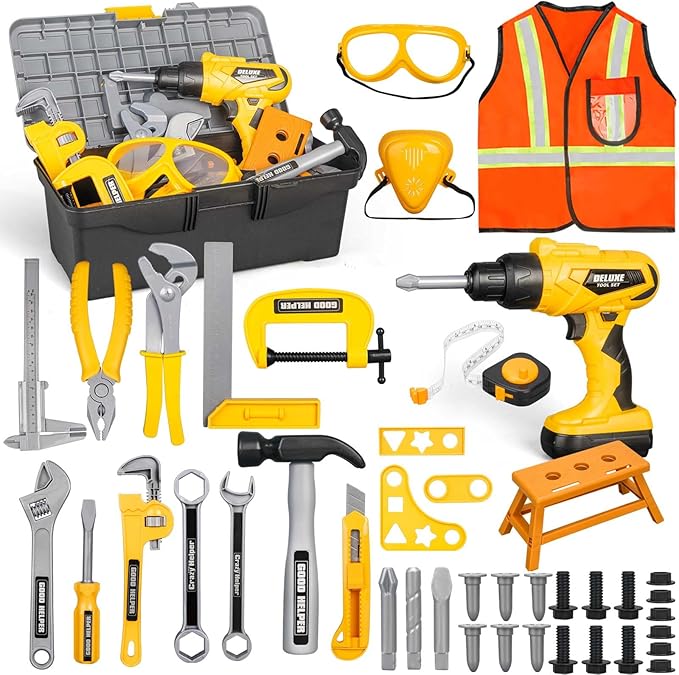 Zealous 48pcs Kids Tool Set with Tool Box & Electronic Toy Drill, Pretend Play Kids Construction Kits for Kids Ages 3-5 Years Old, Toddler Boy Toys (Yellow)