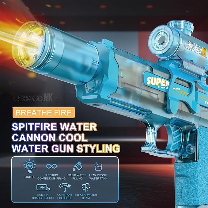 2Pcs Electric Water Gun for Adults Battery Powered Water Gun Electric for Kid with Muzzle Flash Rechargeable Spray Gun Toys Capacity Range Up to 32 FT Beach Toys for Summer Outdoor Pool - Blue Black