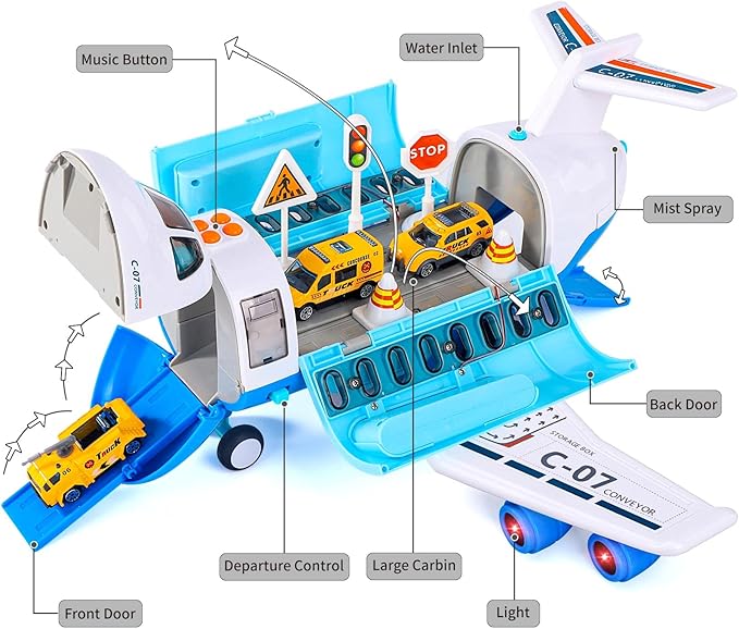 iHaHa Spray Airplane Toys for Boys Girls, Large Transport Cargo Airplane with 6 Construction Vehicle 10 Road Signs 1 Play Mat, Plane Toy with Lights Sounds for Boys Age 3 4 5 6