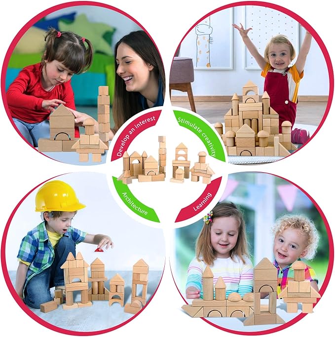 Wooden Building Blocks Set for Kids - Stacker Stacking Game Construction Toys Set Preschool Colorful Learning Educational Toys - Geometry Wooden Blocks for 3+ Year Old Boys & Girls