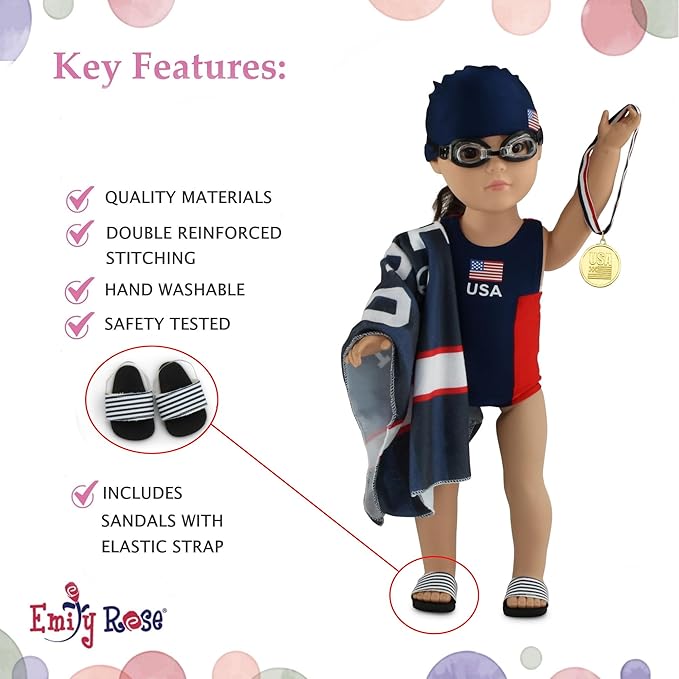 Emily Rose 18-Inch Doll Clothes 6-Piece USA Competition Bathing Suit Swimsuit and Accessories, Including Medal & Goggles | Gift Boxed! | Compatible with 18" American Girl Dolls | Doll Not Included