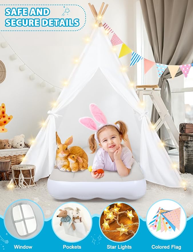 wilwolfer 2 Sets Teepee Tent for Kids with Inflatable Airbed Toddler Play Tent White Foldable Playhouse for Indoor Outdoor Boys Girls Party Sleepover Slumber Gifts Toy