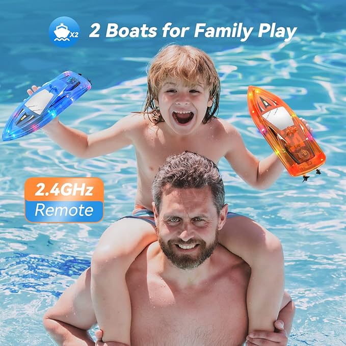 2Pack LED Light RC Boat Remote Control Pool Water Toys for Kids Ages 8-12 Adults Lakes Bathtub Toy with Whole Body Waterproof,Low Battery Alarm,2.4Ghz,Control Range 50M,Rechargeable Battery