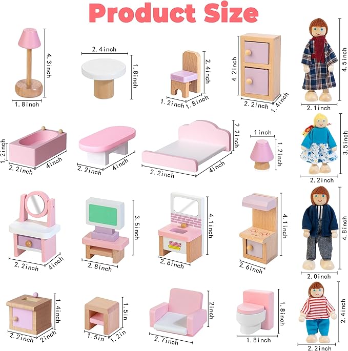 Kizfarm Wooden Dollhouse Furniture Set with 4 Family Dolls, 26 Pcs Pretend Play Dollhouse Accessories for 4 Rooms, Pink Furniture Toys Birthday Gifts for Girls Boys Age 3+