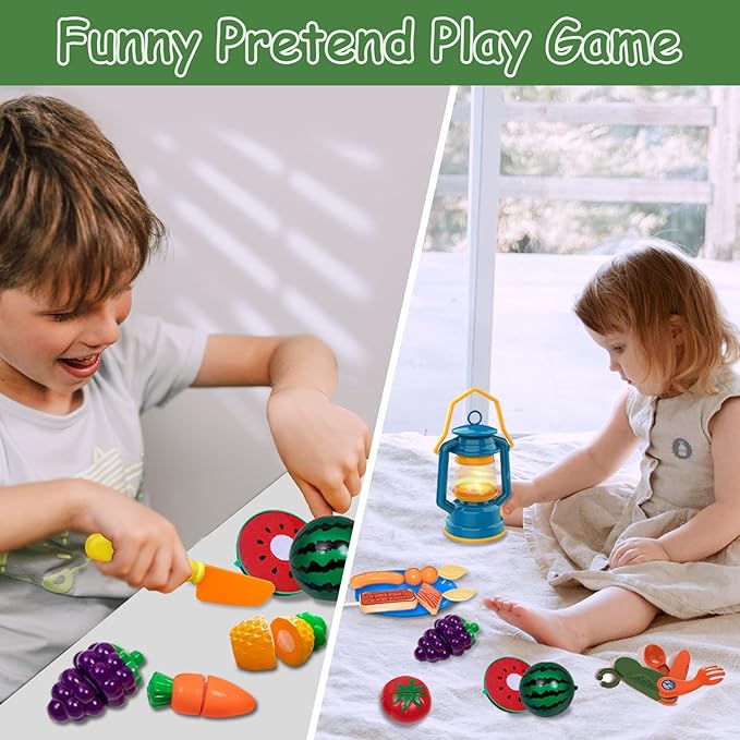 MITCIEN Kids Camping Set with Campfire, Play Tent , Binoculars, Oil Lantern, Toddlers Pretend Cutting Fruits, Marshmallow, Camping Toys Play Set for Boys Girls 3-5 Year Old and Up Indoor Outdoor Toys