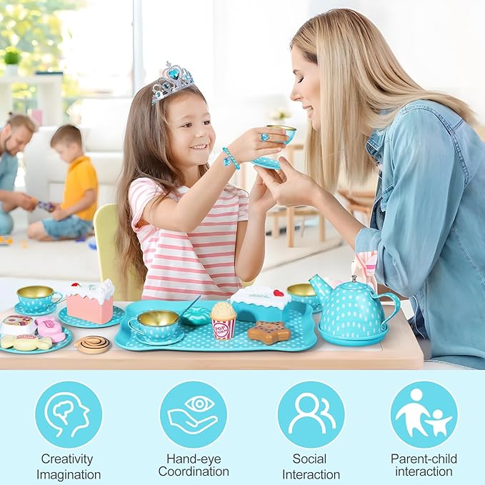 Tea Party Set for Little Girls, 49PCS Princess Tea Time Toys Including Tea Set Dessert Carrying Case, Kids Kitchen Pretend Playset (Bunny Tea Party Set Blue)