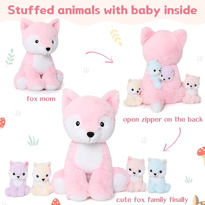 MorisMos Fox Stuffed Animals with Baby Inside, Soft 19 Inch Stuffed Fox Plush Toys Mommy & Babies Set, Gift for Women, Girls, Kids on Mother's Day, Birthday, Christmas