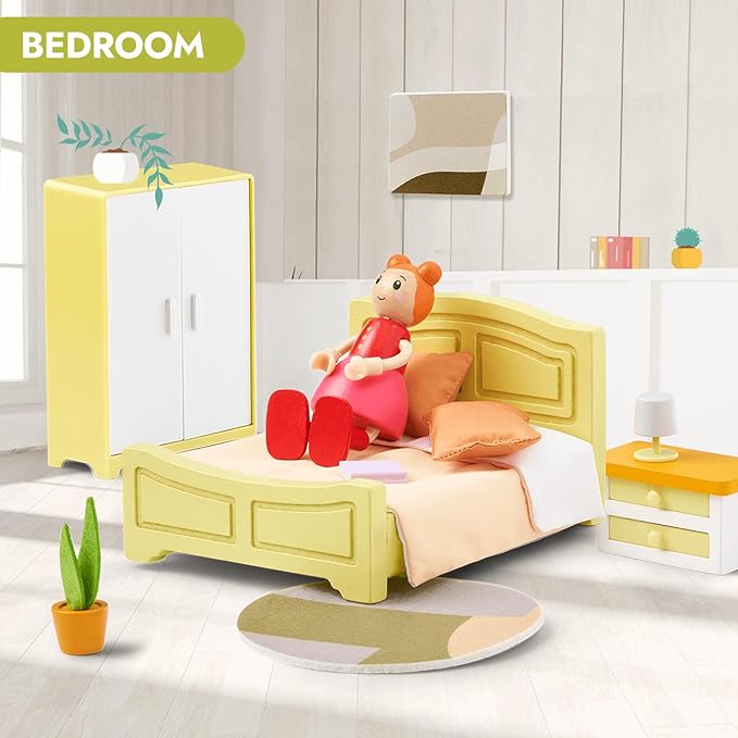 Giant bean 85pcs Wooden Plastic Dollhouse Furniture Set for 6 Rooms, Modern Dollhouse Accessories Pretend Play Furniture Toys Gift for Boys Girls Toddlers & Kids 3 4 5 6 7 Years and up