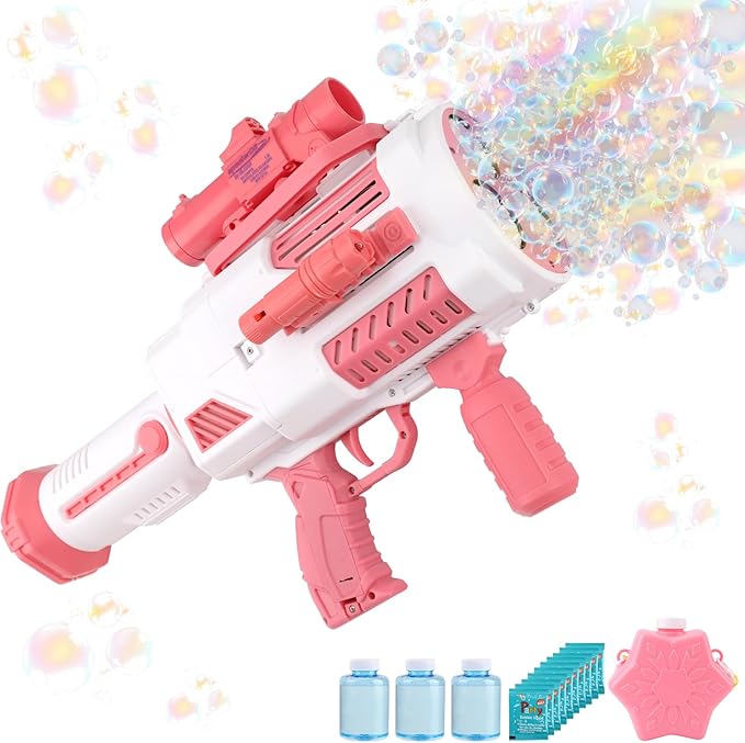 Bubble Gun, Upgrade Gatling Bubble Machine Gun Portable Bubble Maker with Backpack, Anti-Leakage Bubble Blower Gun Gifts for Boys Girls Age 3 4 5 6 7 8 9 10 11 12 Years Old (Pink)
