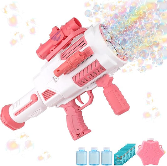 Bubble Gun, Upgrade Gatling Bubble Machine Gun Portable Bubble Maker with Backpack, Anti-Leakage Bubble Blower Gun Gifts for Boys Girls Age 3 4 5 6 7 8 9 10 11 12 Years Old (Pink)