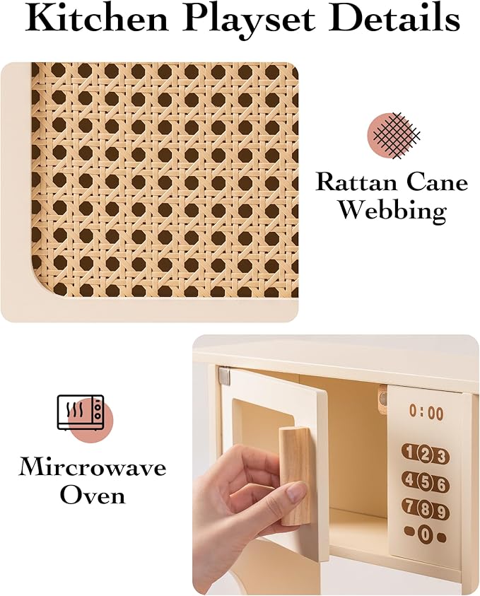 ROBOTIME Play Kitchen with Pretend Ice Cube Dispenser for Kids, Wooden Kids Kitchen Playset, Toy Kitchen Set for Toddler Age 3 4 5 6 (Mocha)