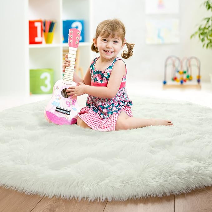 junovo Round Rug 5x5 Feet Fluffy Soft Area Rugs for Kids Girls Room Princess Castle Plush Shaggy Carpet Cute Circle Nursery Rug for Kids Girls Bedroom Baby Room Home Decor Circular Carpet, Creamy