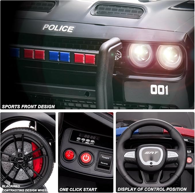 Kids Electric Car | Licensed Dodge Challenger Ride-On 12V Battery-Powered Vehicle with Remote, LED Lights, Bluetooth, MP3 for Boys and Girls, Police