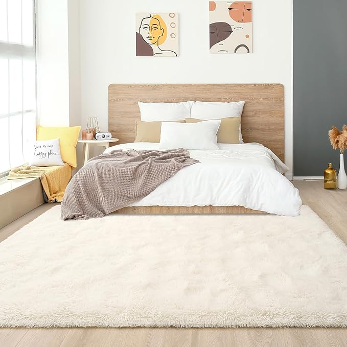 Amearea Premium Soft Area Rug 4x5.3 Feet, Cream Rugs for Living Room, Fluffy Carpet for Bedroom Nursery Playroom Teen Bedside Home Decor, Comfortable Indoor Furry Dorm Carpets, Cream