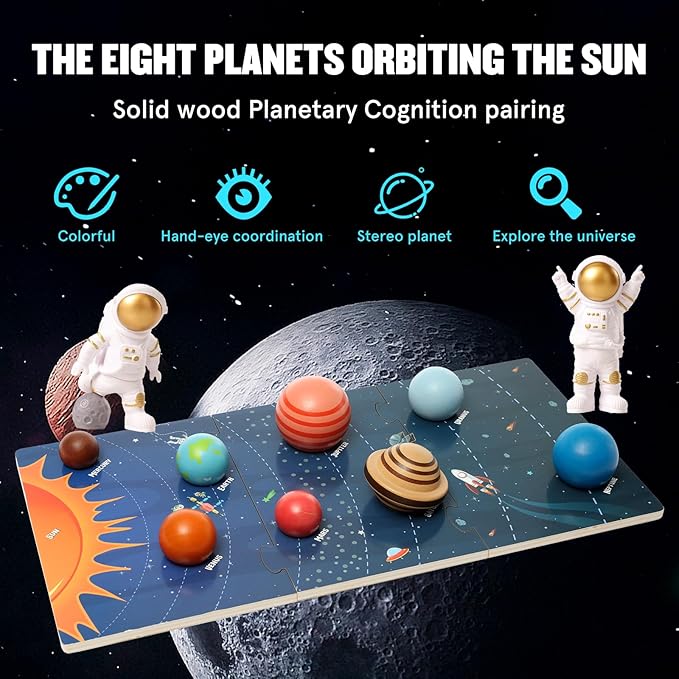 Wooden Solar System Model Board，Kids Solar System with Astronauts ，Montessori Planet Toys,Educational Planets Balls,Preschool Learning Puzzle，Space Knowledge Flash Cards Learning Toys for Kids