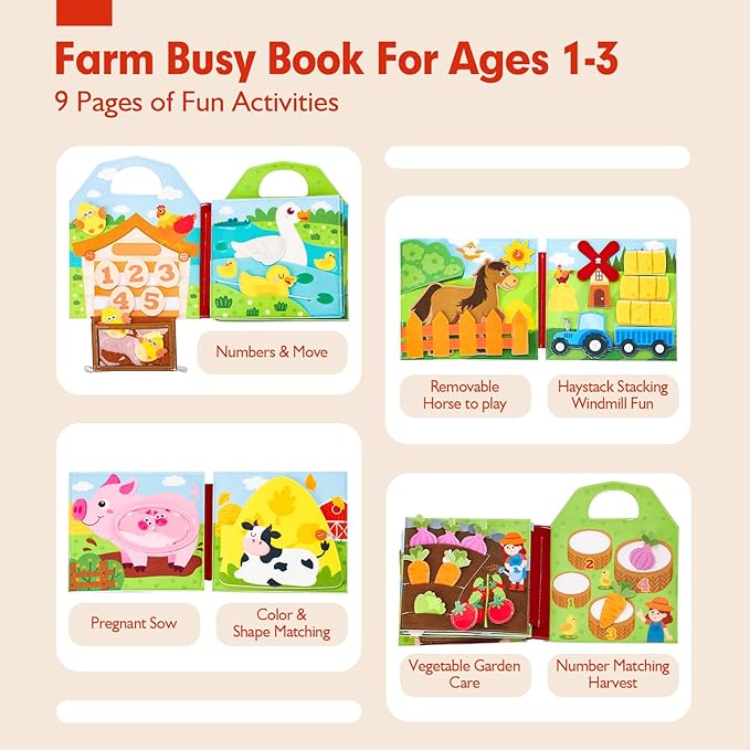 hahaland Busy Board for 1 Year Old - Farm Animals Quiet Busy Book for Toddlers 1-3 - Montessori Toys for 1 Year Old Boy Girl Gifts - Educational Activity Books Felt Learning Board Airplane Travel Toys