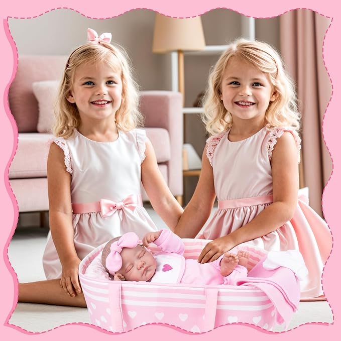 Aori 9 Pcs Reborn Baby Dolls Clothes Set with Pink Bassinet for 17-22 Inch Baby Doll, Carrier Bed and Baby Doll Clothes Outfit Accessories fit Newborn Baby Girl