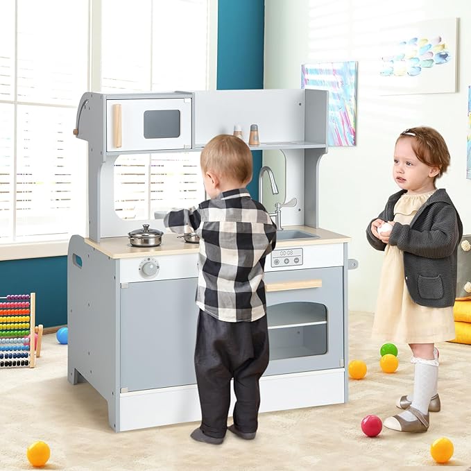 HONEY JOY Kids Kitchen Playset, Double Side Little Chef Play Kitchen for Toddler & Restaurant, Cookware, Microwave, Sink, Storage Cabinet, Wooden Pretend Play Toy Kitchen Set, Gift for Boy Girl, Gray