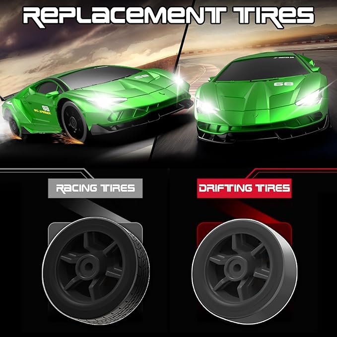 Remote Control Car, 1/24 Scale RC Drift Car, 4WD 15KM/H High Speed RC Cars, Racing Sport Toy Car with LED Lights, Racing Tire, Birthday for Kids Boys Girls, Rechargeable Battery