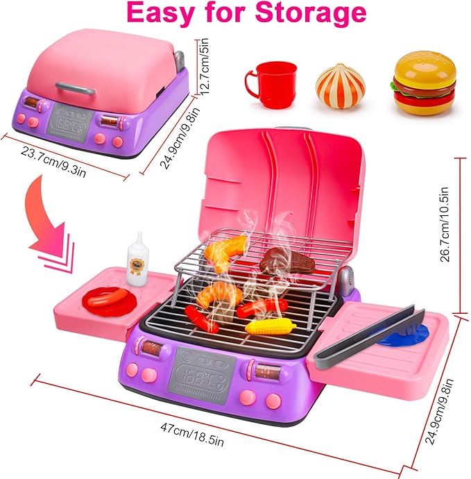 Kids BBQ Grill Playset with Coooking Apron Hat Toddler Girl Pink Kitchen Toy Ages 3-5 4-8 Pretend Smoke Sound Light Outdoor Barbecue Accessories Toy for 3 4 5 Year Old Girl Birthday Gift
