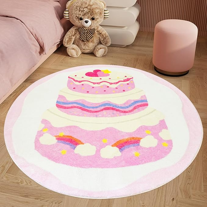 Kids Rug Pink Cake Bedroom Carpet for Girls 4Ft Round Rainbow Dessert Play Mat Circle Playroom Area Rug for Nursery Living Room Classroom Decor Washable Children Throw Rug