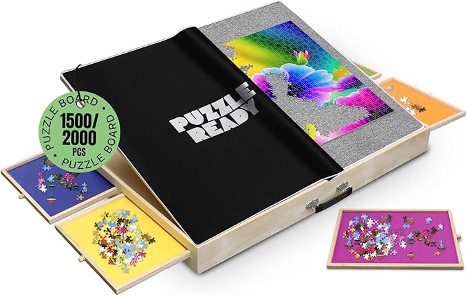 Puzzle Ready Puzzle Board with Tilting Drawers & Cover Mat - 1500-Piece Wooden Jigsaw Puzzle Table - 36″ x 27″ Portable Board with 3 Tilting Angles & Felt Working Surface