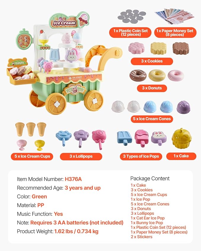 VEVOR Ice Cream Cart for Kids, 27 PCS Accessories, Pretend Play Store with Storage Trolley with Pretend Money, Sound & Light Effects, Montessori Educational Ice Cream Truck Toys for Toddlers 3+